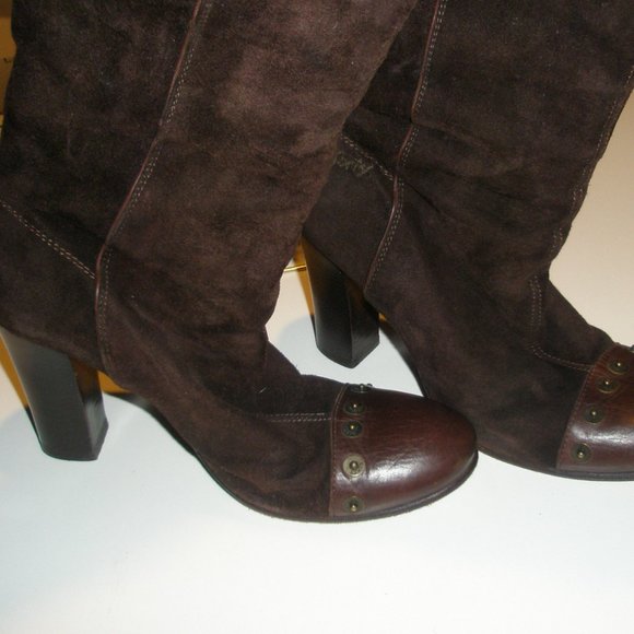 Miss Sixty 2004-05 38M Tall Brown Suede Grommet Embellished Stacked Heel Boots - Picture 2 of 14